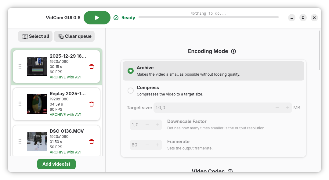 A program with a card-like video queue on the left size and settings page with radio buttons and value fields on the other. 